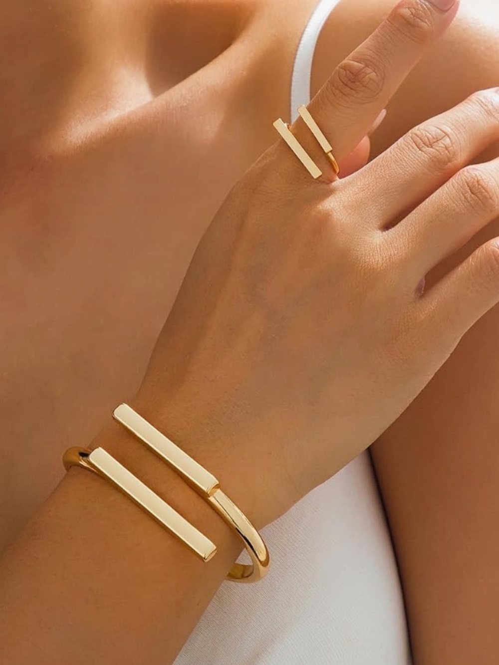 Architectural Parallel Bar Open Cuff Bracelet and Adjustable Ring Set - Picture 3 of 6